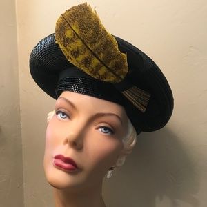EXQUISITE DESIGNER 1960s' BLACK STRAW TAM WITH GOLD COLORED FEATHER TRIM
